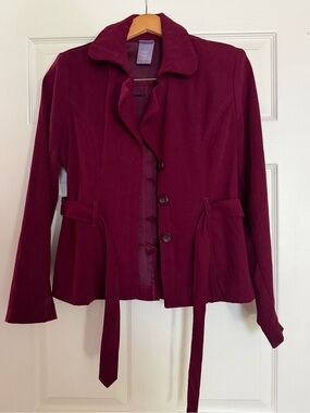 Laura Scott Deep Wine Button-Front Belted Blazer